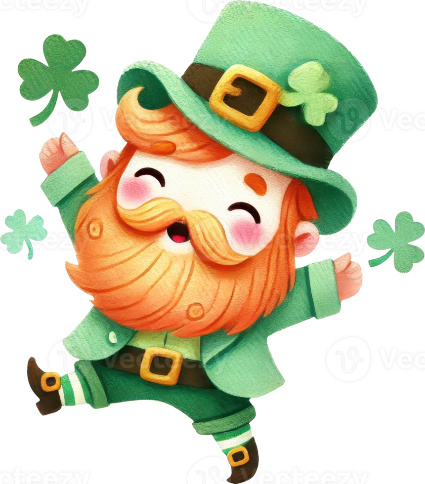 Cheerful Leprechaun Mascot Celebrating St Patrick s Day with Shamrocks and Green Hat png