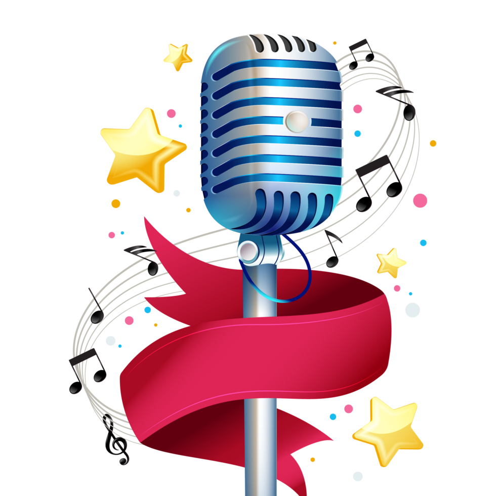 Retro microphone with red ribbon and music notes png