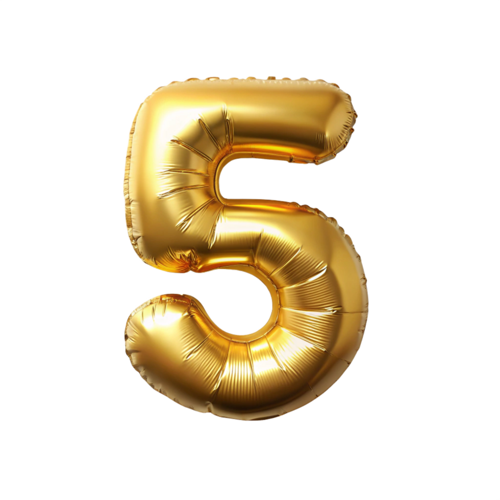3D Golden Balloon in the shape of number five isolated on transparent background png