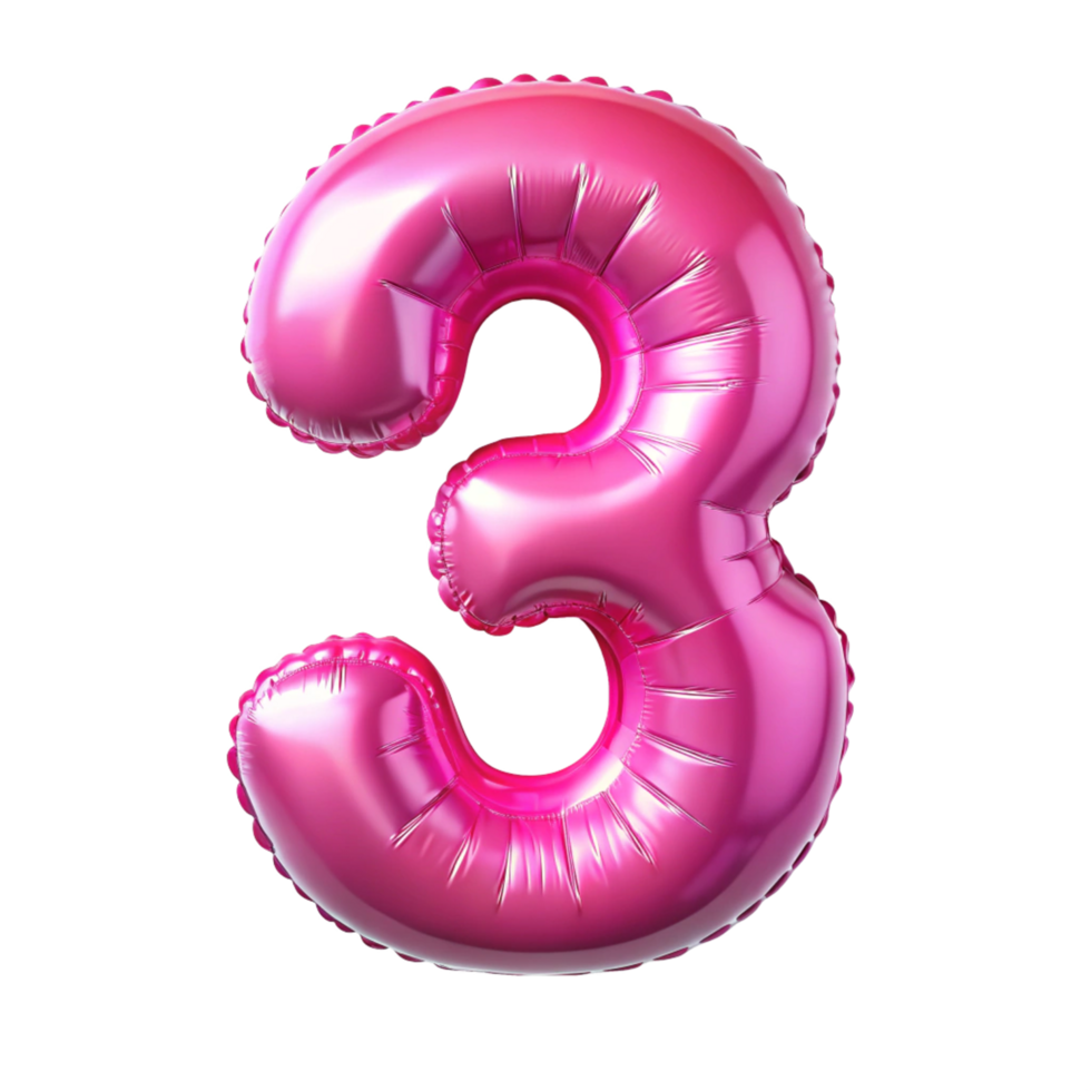 3D pink Balloon in the shape of number three isolated on transparent background png