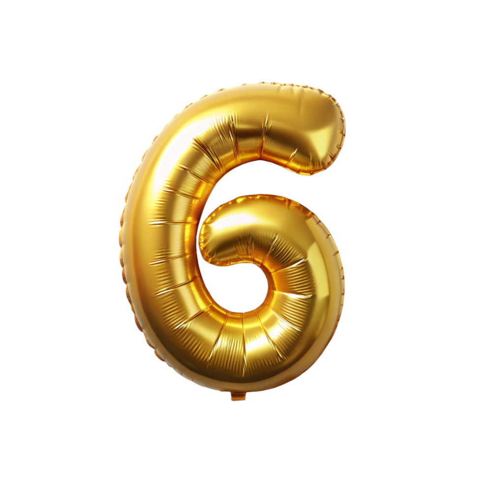 3D Golden Balloon in the shape of number six isolated on transparent background png
