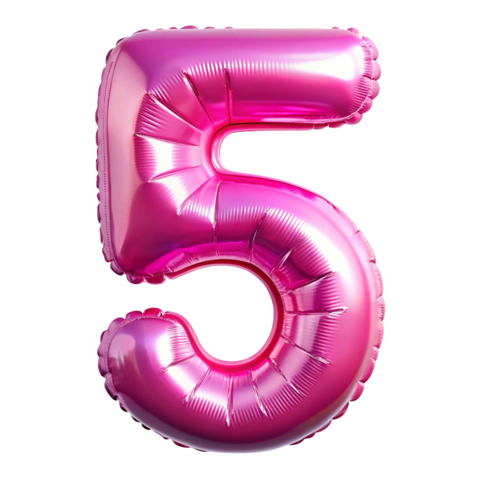 3D pink Balloon in the shape of number five isolated on transparent background png