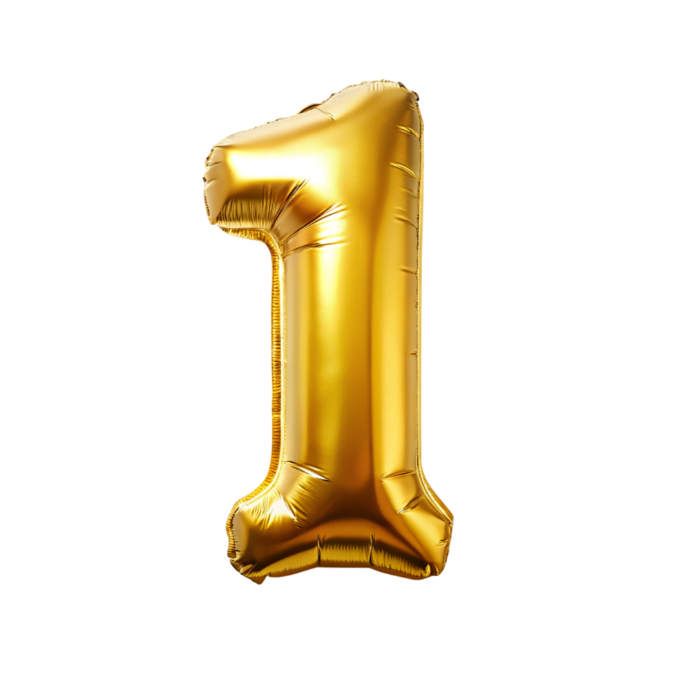 3D Golden Balloon in the shape of number one isolated on transparent background png
