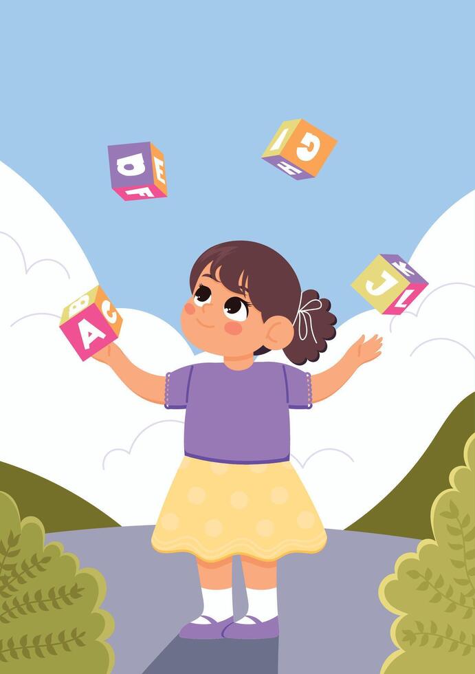 The girl character in a skirt and T-shirt juggling cubes with English letters vector