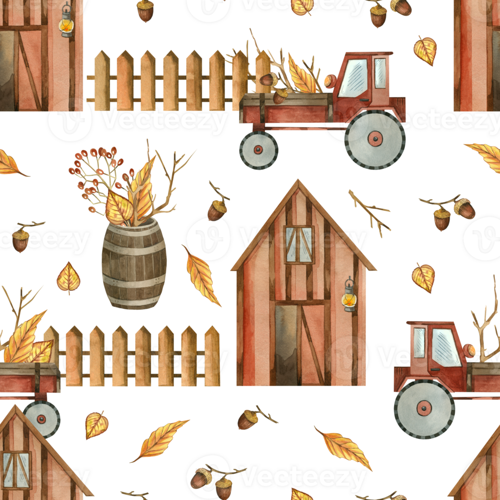 Farm with fence, tractor, plants, storage barrel. Seamless watercolor pattern painted with watercolor. Suitable for printing on fabric, paper and scrapbooking. High quality illustration png