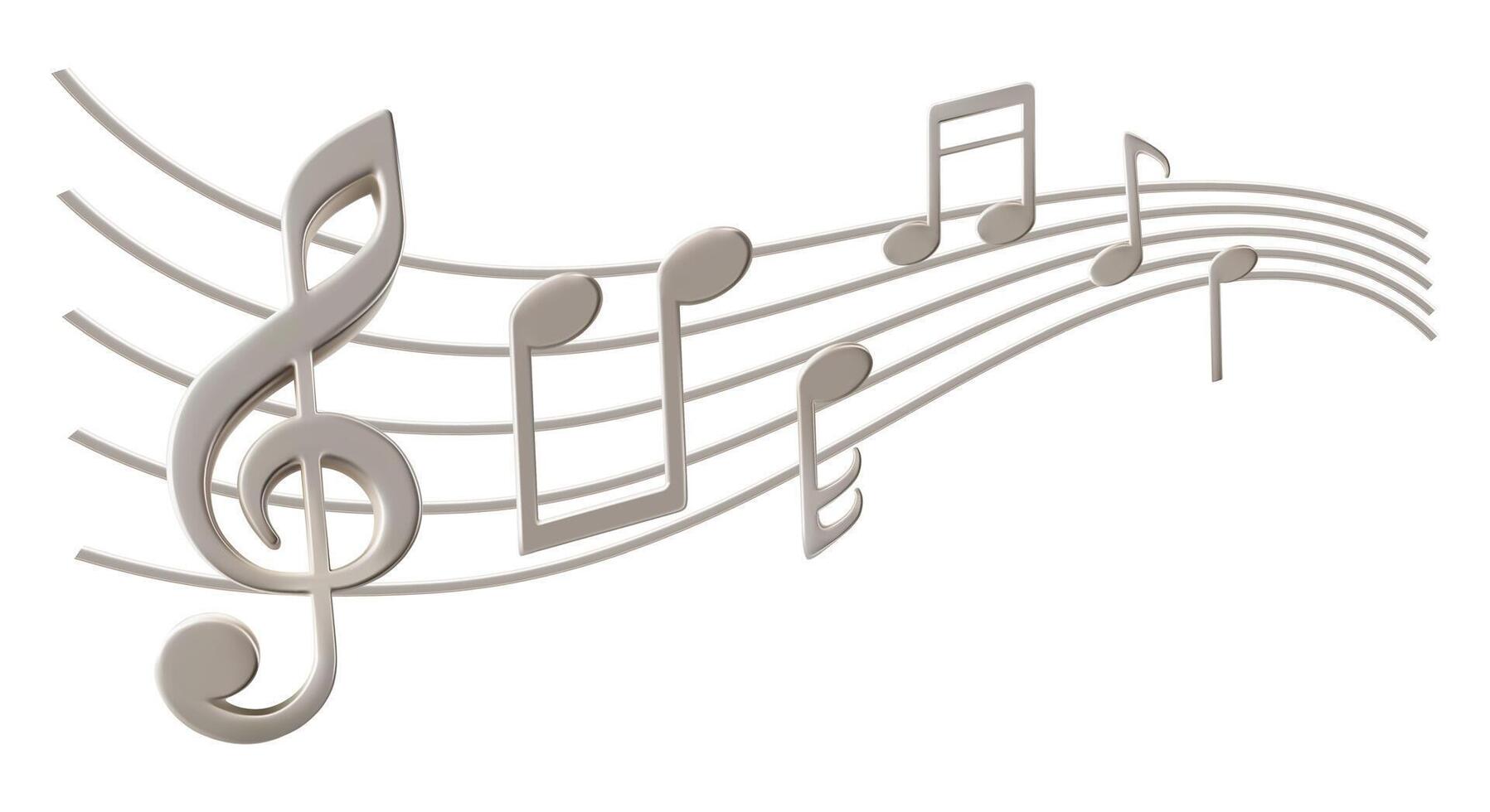 Music notes on wavy lines swirl as melody flow. Silver metallic 3d render illustration for singing song or playing instrument. Concert listening symbol. Dance party logo or vocal education studio. vector