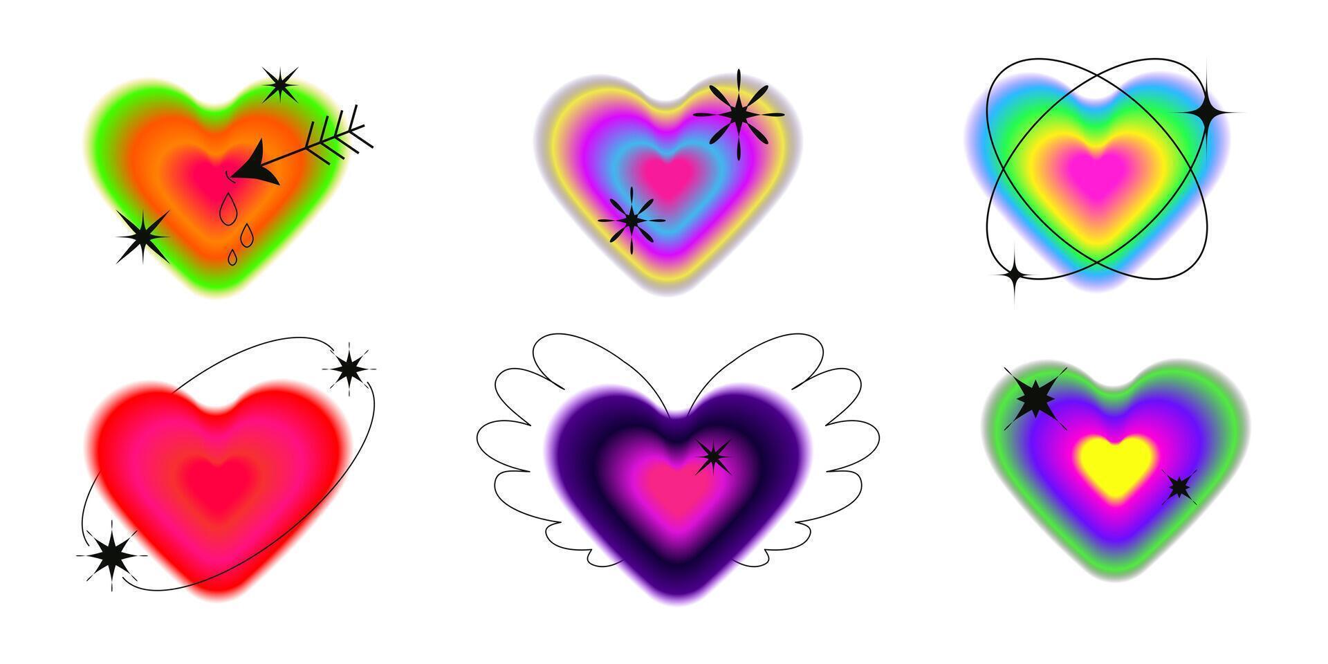 Set of six colorful neon gradient hearts with glowing effects, sparkles, and abstract elements on a white background. Illustration in Y2K aesthetic. Love and Valentine's Day concept. vector