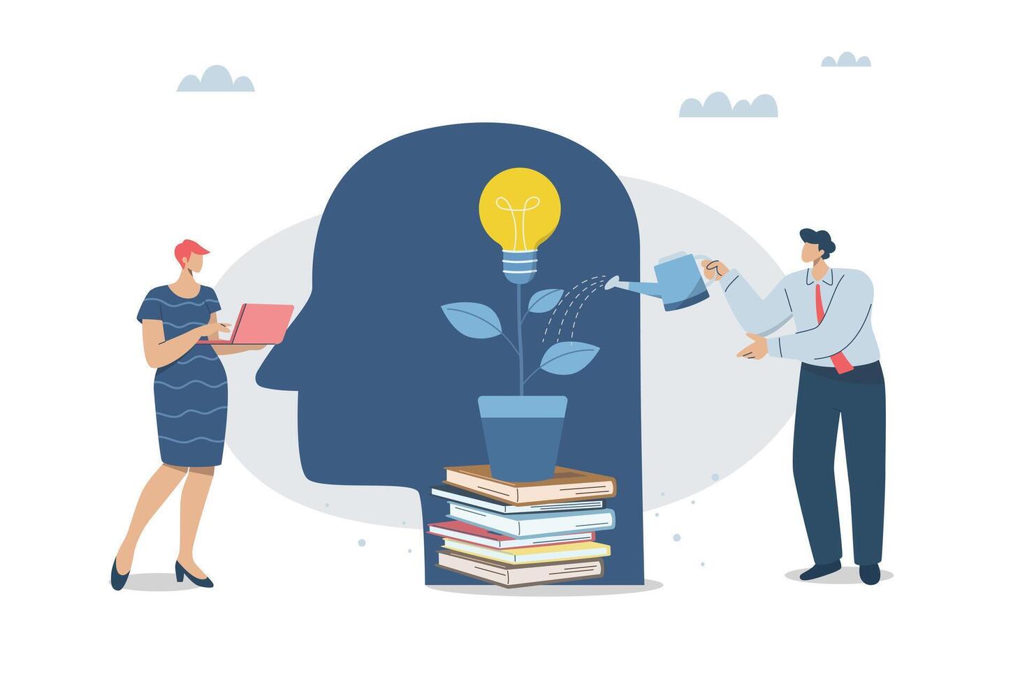 Businessman watering light bulb plant growing from book in shadow of human head, Skill training, Cultivating creativity and new ideas from learning, Ideas that grow from study and development. vector