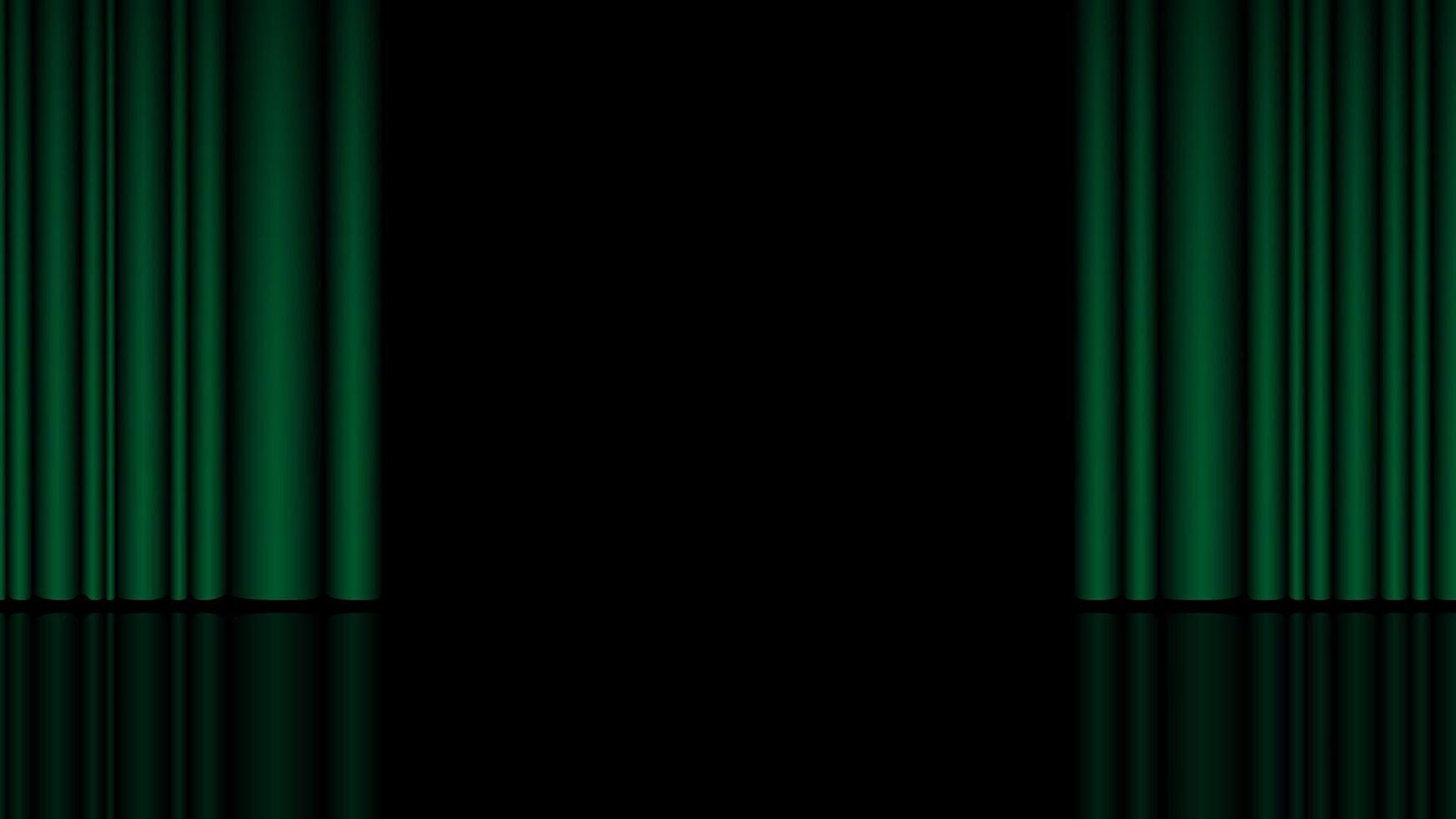 Green open curtain on stage. Concert hall with glossy floor and fabric drapery, awarding or graduation ceremony, standup comedy show banner background. illustration vector