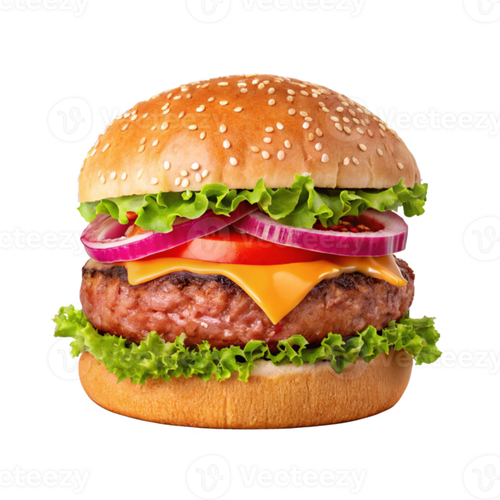hamburger with cheese, lettuce and onions on a bun png