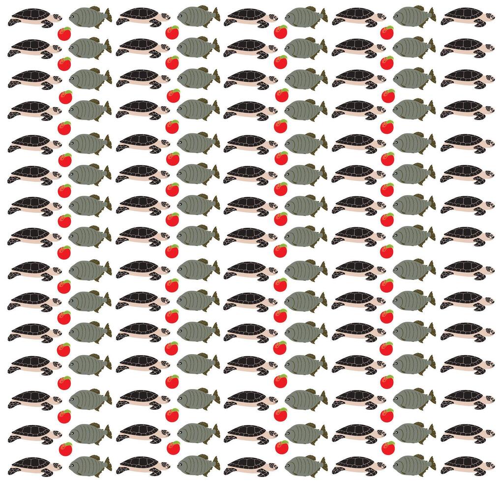 turtle, fish with apple as a pattern background vector