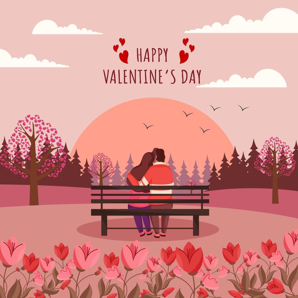 Happy Valentine's Day Greeting Card with Back View of Romantic Couple Sitting on Bench in Floral Garden View. vector