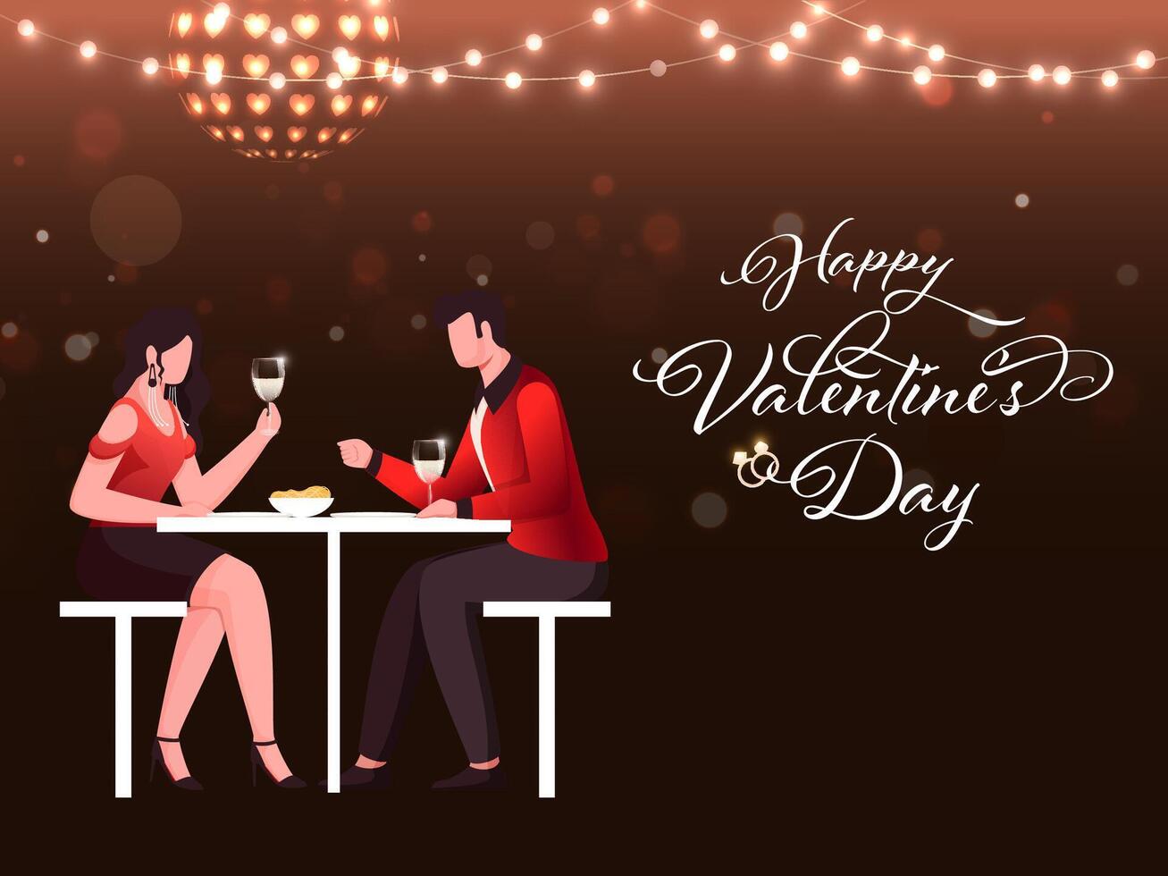 Happy Valentine's Day Poster Design with Romantic Couple Enjoying Date at Restaurant Table on Brown Background. vector