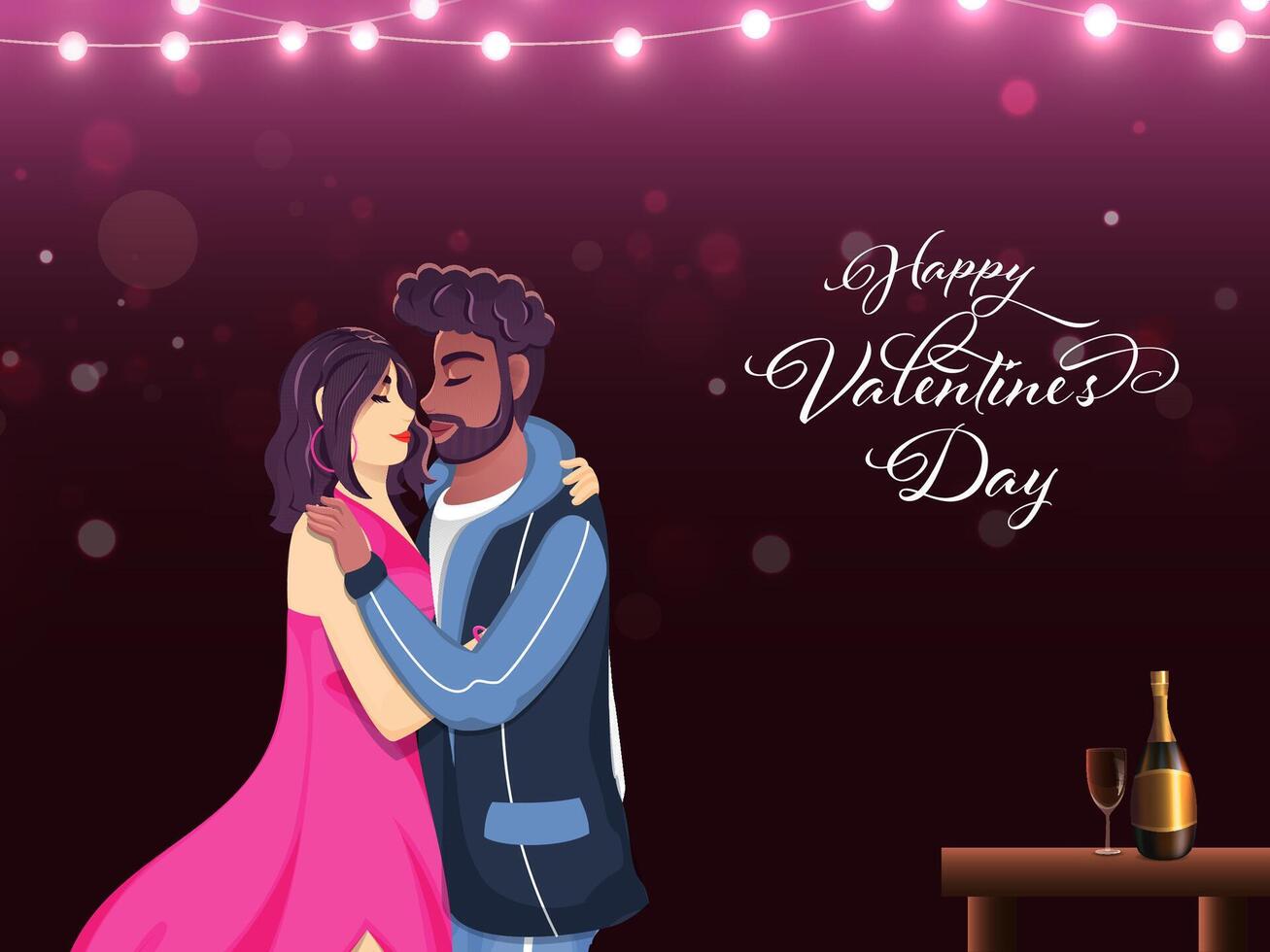 Happy Valentine's Day Poster Design with Romantic Couple Standing in Front of Champagne Bottle and Glass on Table. vector