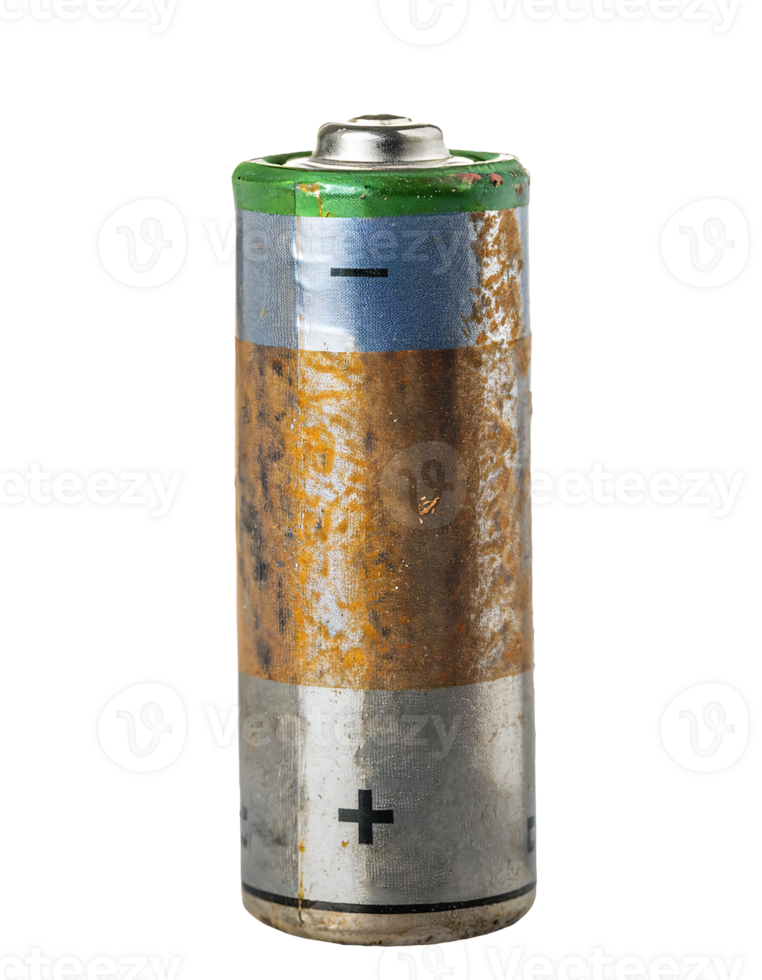 corroded alkaline battery showing rust and damage isolated background png
