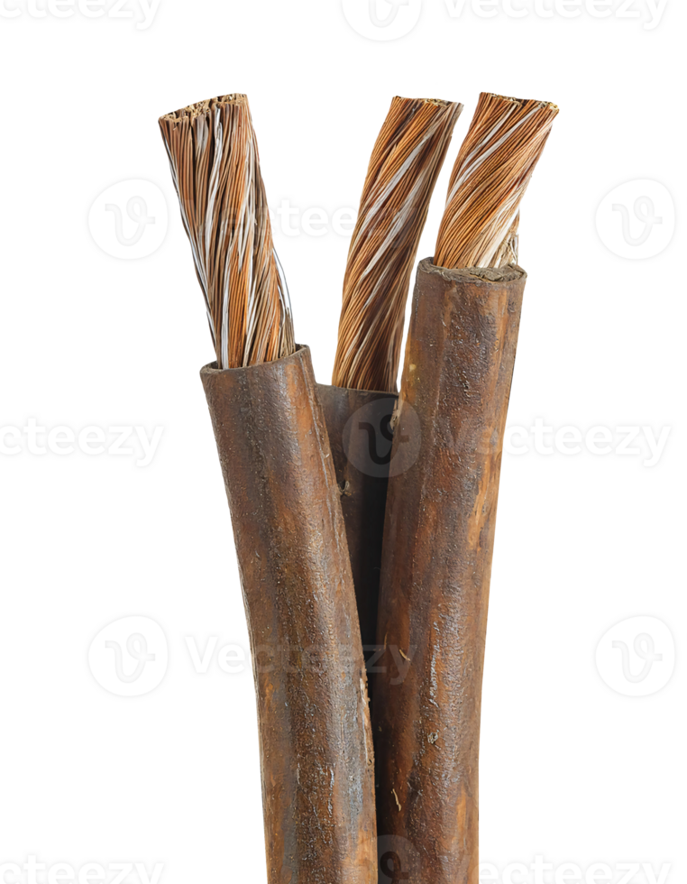 close-up of rusted industrial copper wires with exposed strands on isolated background png