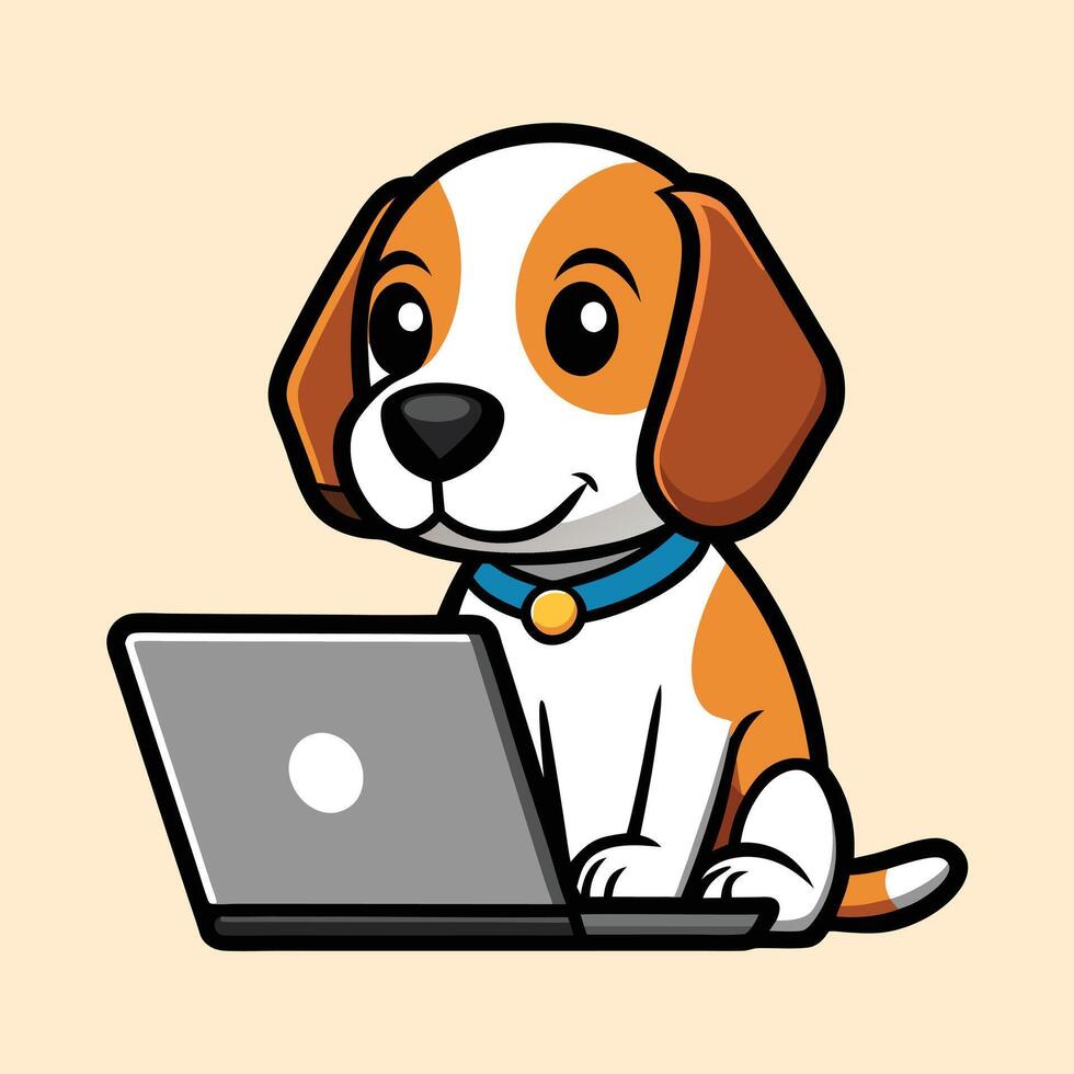 Cute Beagle Working on Laptop Yellow Background vector