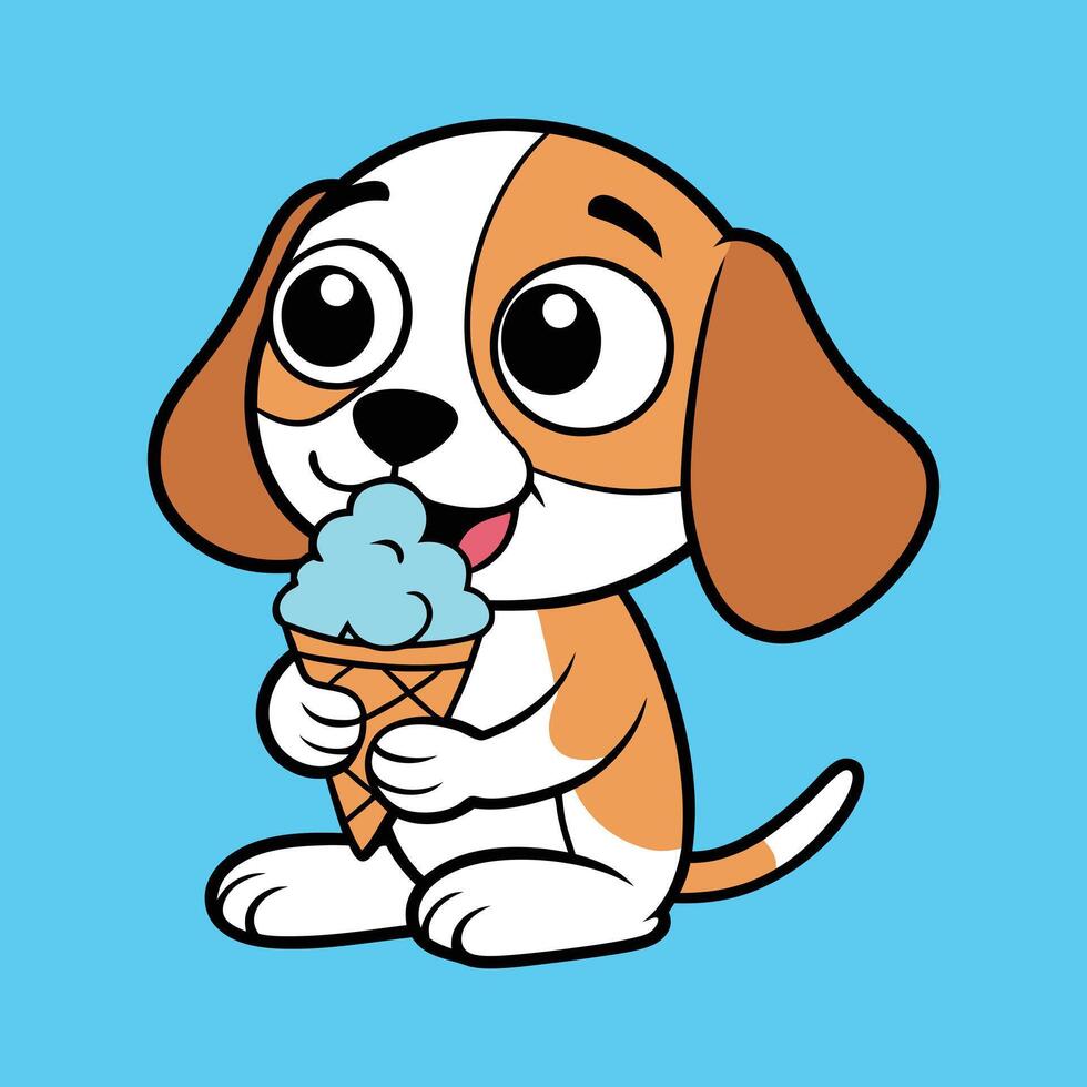 Cute Beagle Eating Ice Cream Cone Blue Background vector