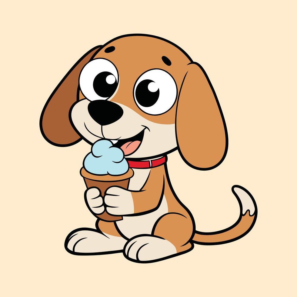 Cute Beagle Eating Ice Cream Cone Color Background vector
