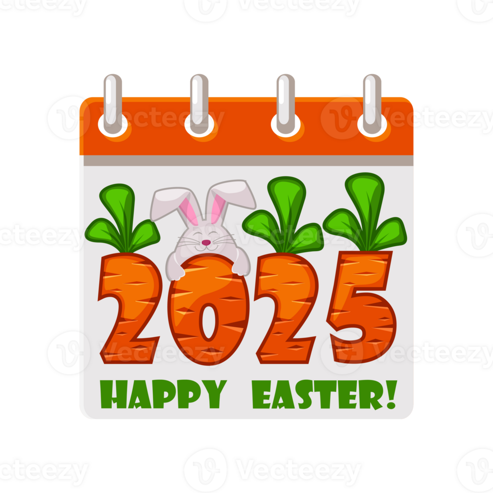 Calendar page for Easter Day with Carrot number 2025 and rabbit. Happy Easter 2025 for your greeting card, stickers, invitations and many other designs. Greeting card template png