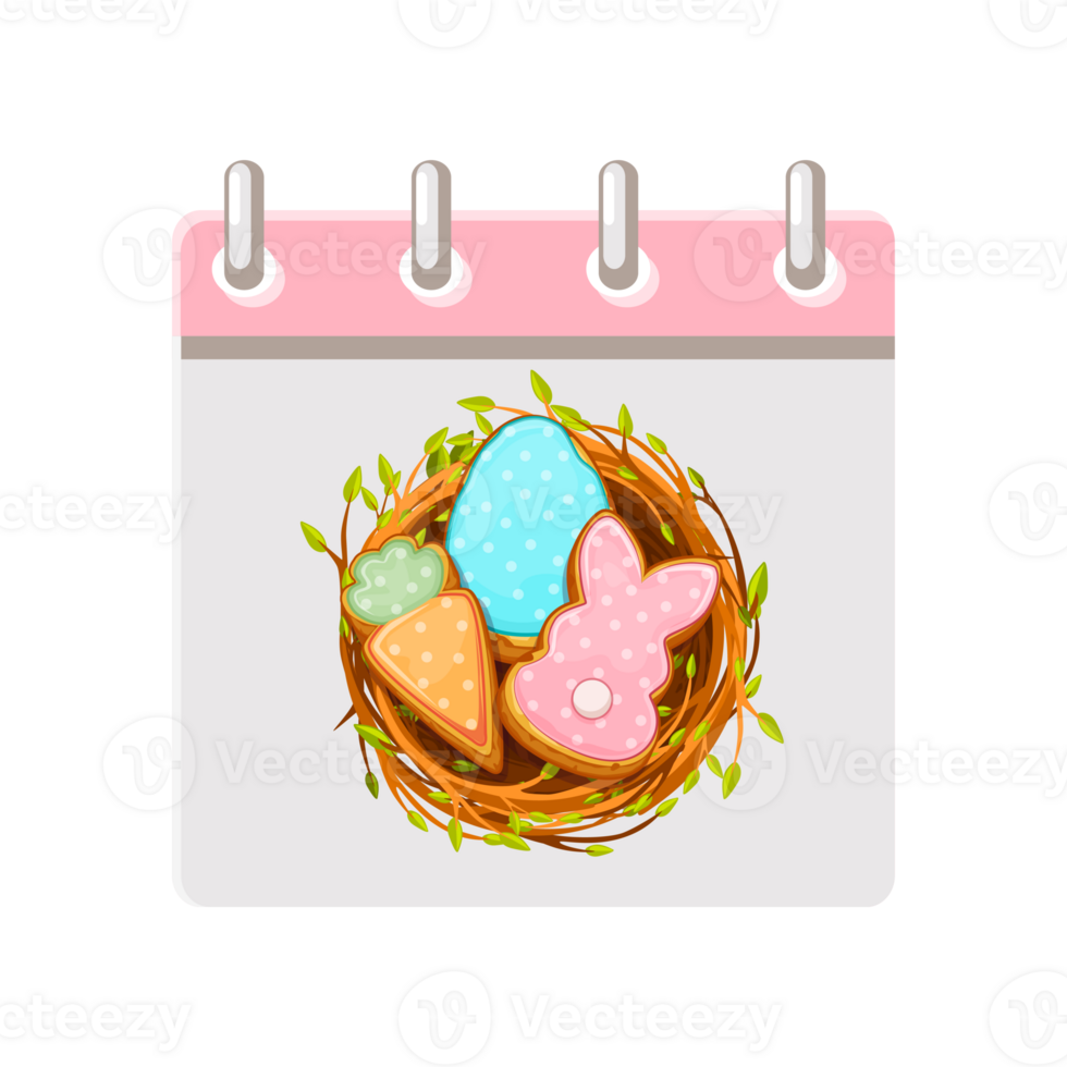 Calendar page for Easter Day with Easter cookies in bird nest for your greeting card,calendars, stickers or icons. Happy Easter Day png