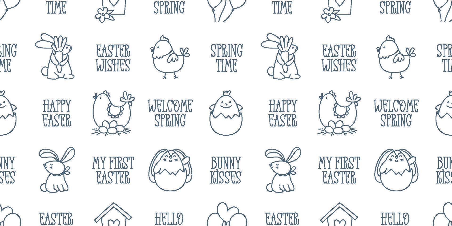 Easter hand-drawn doodle and lettering seamless pattern. Cute black and white spring symbols chickens, rabbits, eggs and flowers and short phrases vector