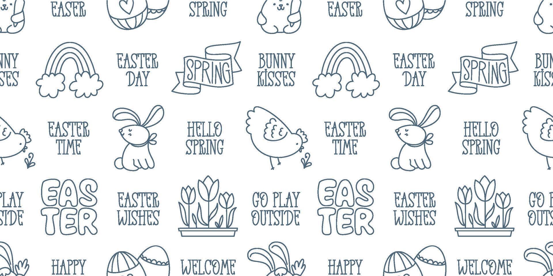 Easter hand-drawn doodle and lettering seamless pattern. Cute black and white spring symbols chickens, rabbits, eggs, flowers and short festive phrases vector