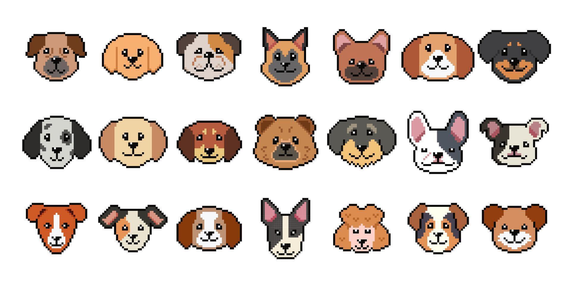 Pixel art different type of dog faces in retro style vector