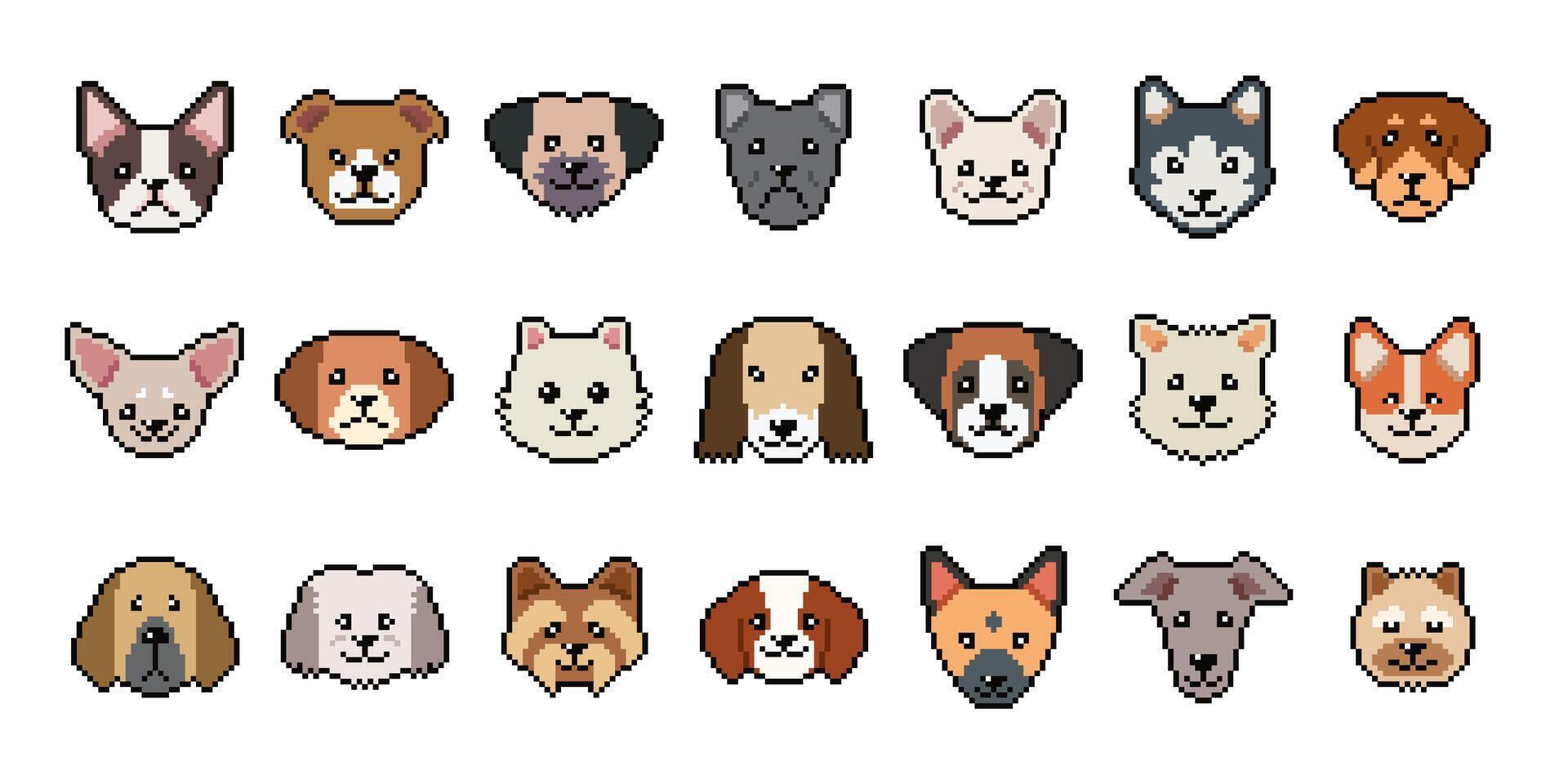 Different type of pixel art dog faces in retro style vector