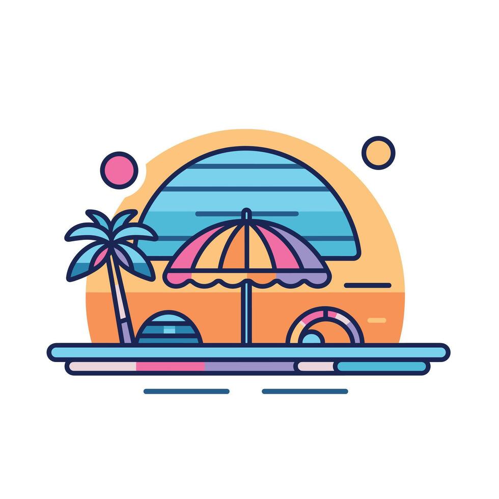 Colorful beach scene with umbrella and palm trees vector