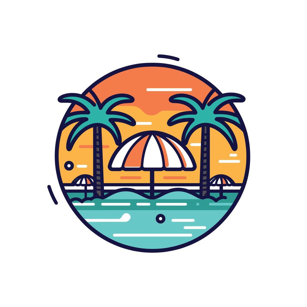 Vibrant beach scene with umbrellas and palm trees vector