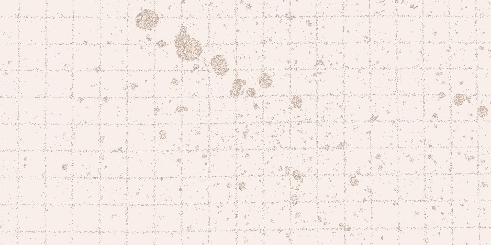 Checkered beige paper sheet with ink splashes. Gritty halftone dots and paint drips, raw texture. Stains and watercolor splashes, grunge feel. vector