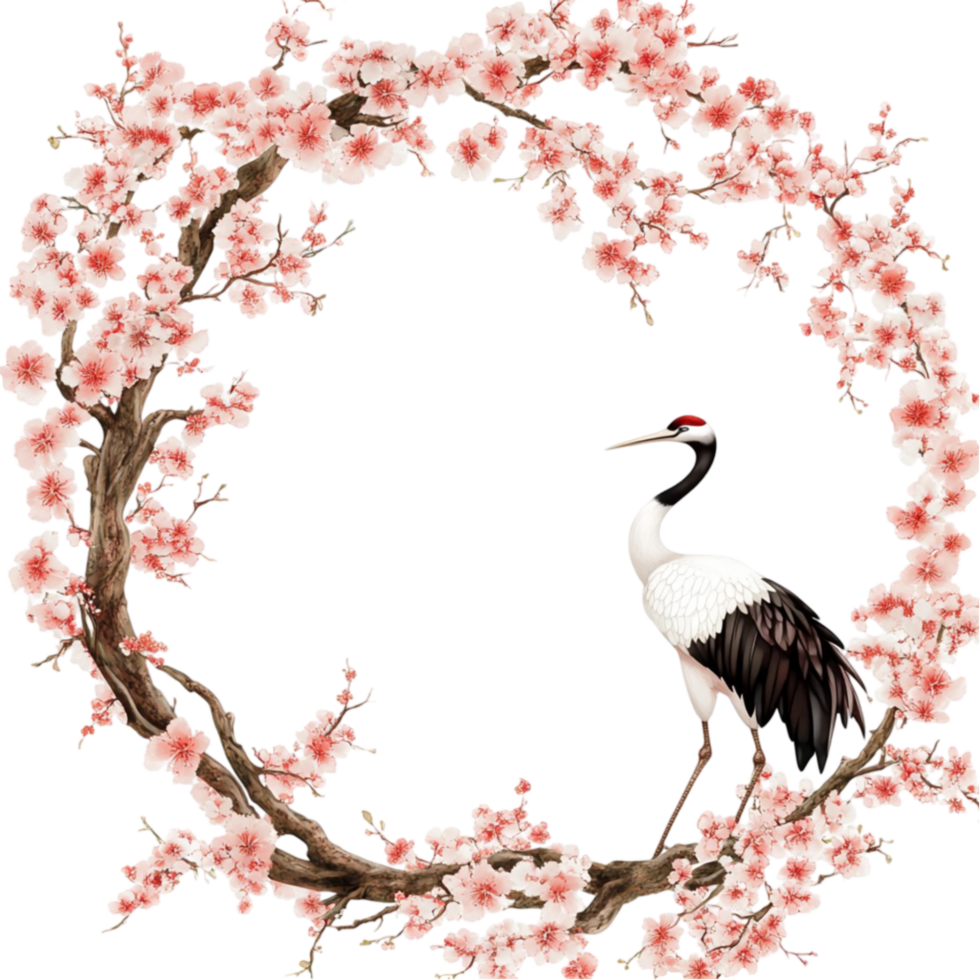 Cranes and Cherry Blossoms in Circular Frame png