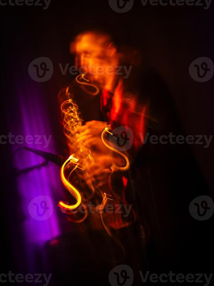 Saxophonist on stage, blurred motion, purple and orange lighting photo