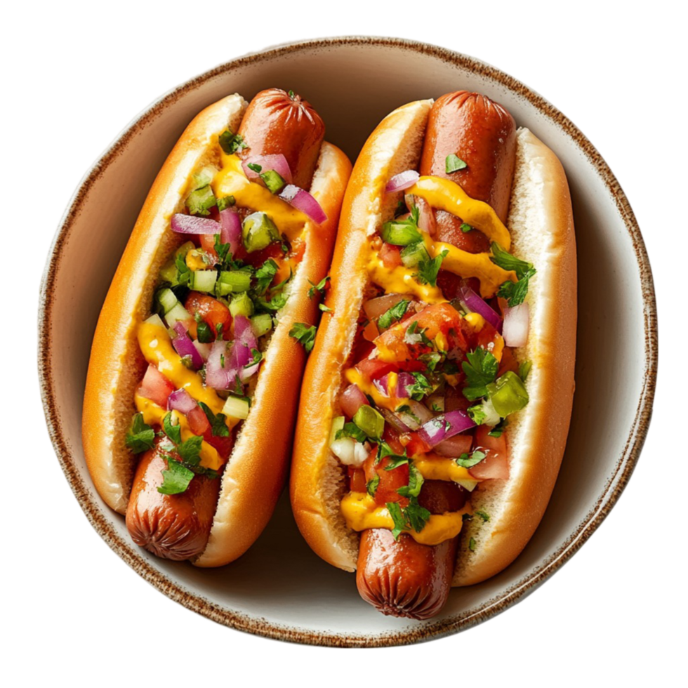 Hot Dogs with Toppings on a Plate png