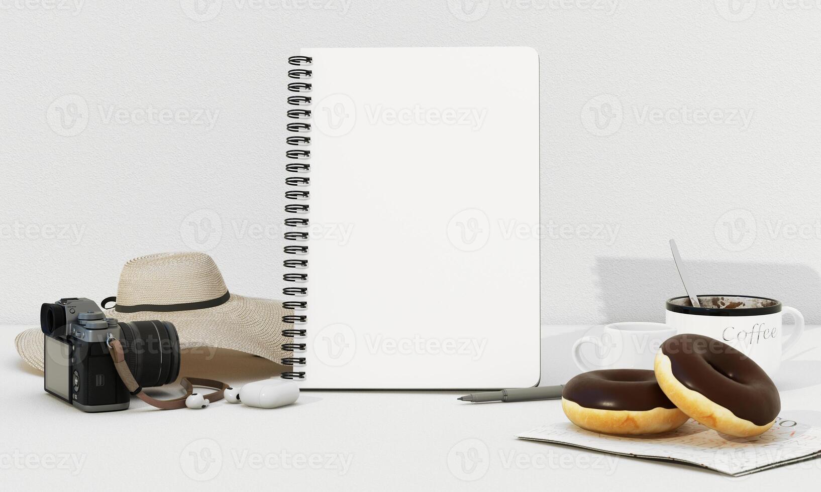 Morning travel inspiration with coffee, donuts, a camera, and a blank notebook ready for creative ideas. Perfect for journaling or planning. 3d rendering. photo