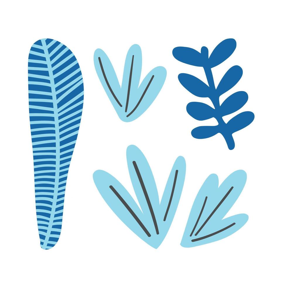 Blue and green leaf arrangement with soft, bold lines. A modern tropical design for eco-friendly, nature, and rainforest-inspired illustrations vector