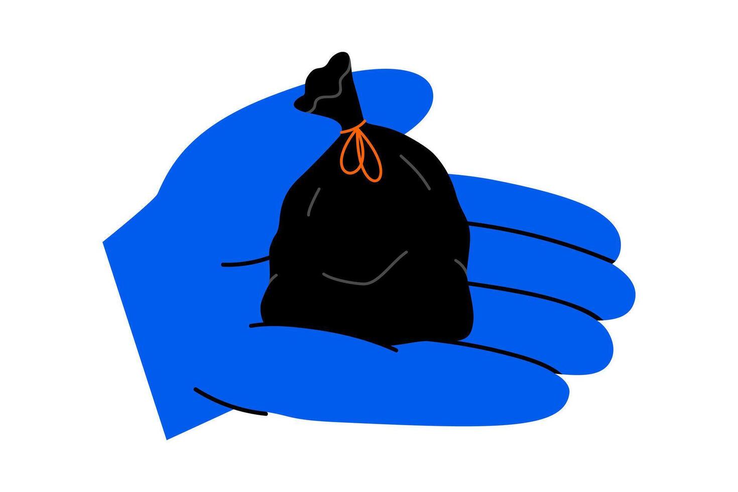 Hand drawn cute cartoon illustration of hand holding garbage bag. Flat black plastic package with trash in arm. Environmental pollution design doodle. Waste sorting sticker, icon. Isolated. vector