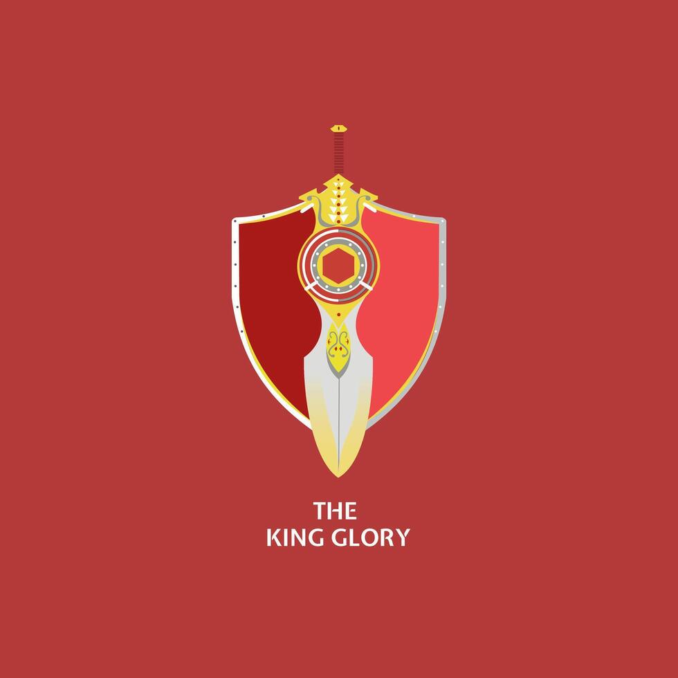 An illustration of a maroon and yellow sword and shield, with the slogan The King Glory vector