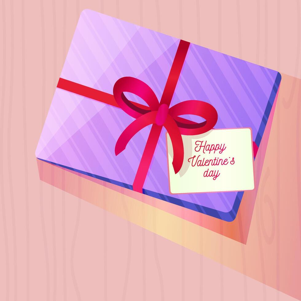 Vibrant Valentine Day gift box illustration with a purple striped pattern, tied with a red ribbon bow, and accompanied by a card reading Happy Valentine Day. Romantic designs and greetings. vector