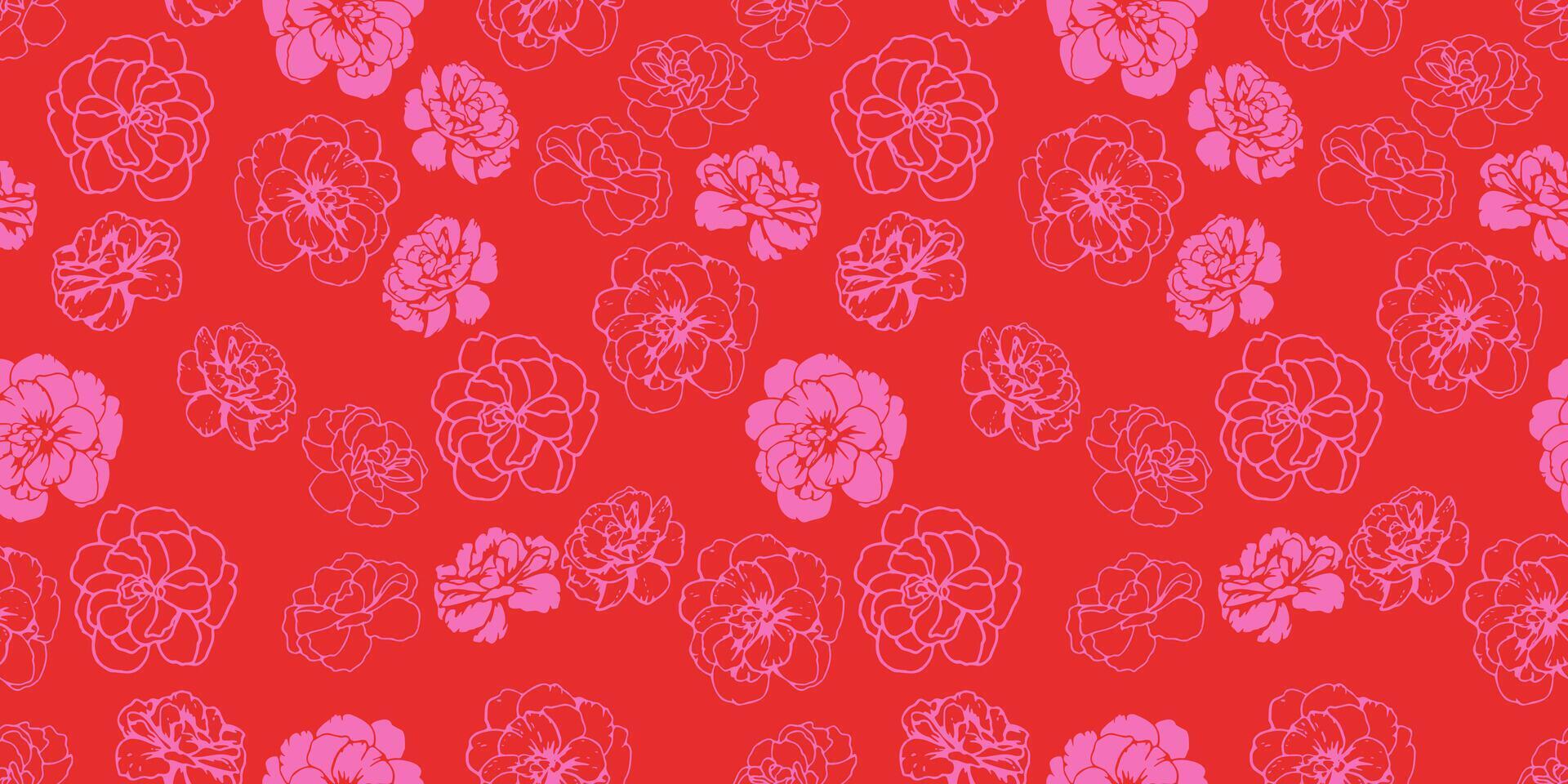 Pink Abstract shapes buttercups, pansies flowers seamless pattern on a orange background. Unique contour silhouettes, lines, outlined floral print. hand drawn. Plain nature ornament for designs vector