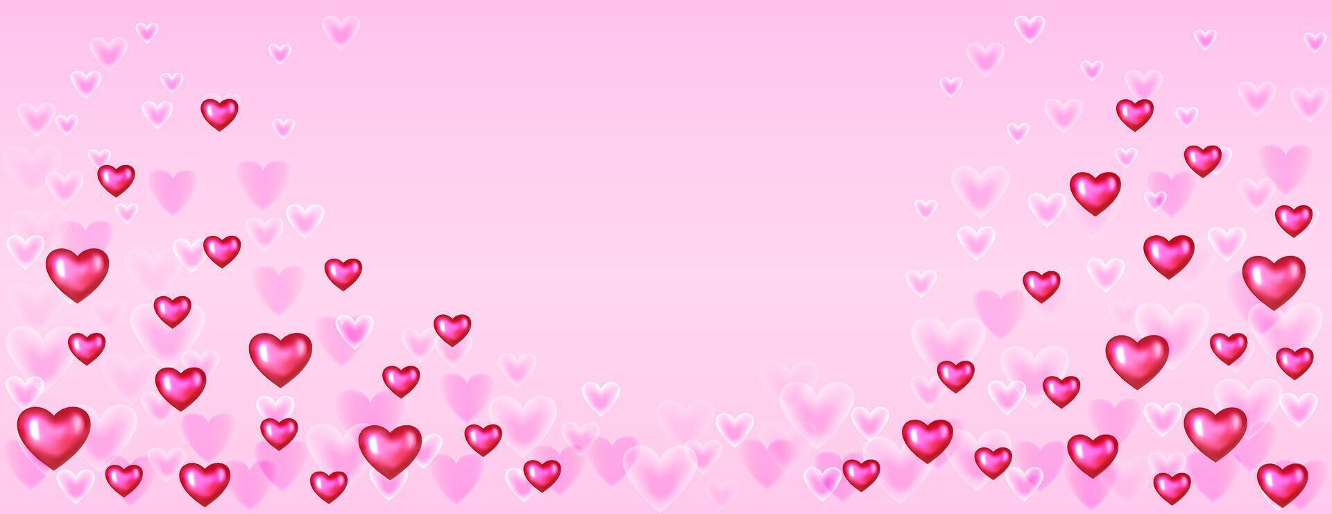 Romantic Valentine's Day background with glowing red and pink hearts on a soft gradient pink backdrop. Perfect for banner, holiday designs, greeting cards, romantic posters, festive decorations. vector