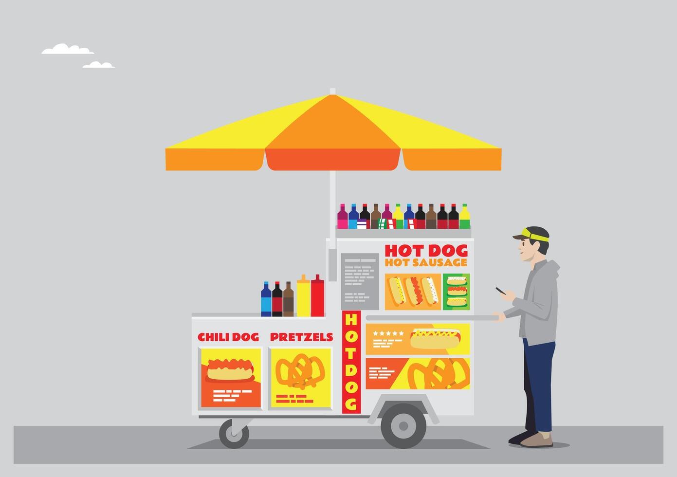 a hotdog stall with yellow and red color with umbrella and moving wheels selling sodas hotdog chilli dog and pretzels run by young man vector