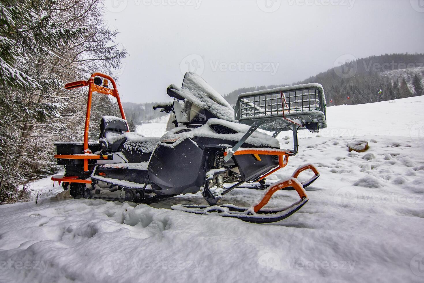 Snowmobile Parked in the Winter Wonderland photo