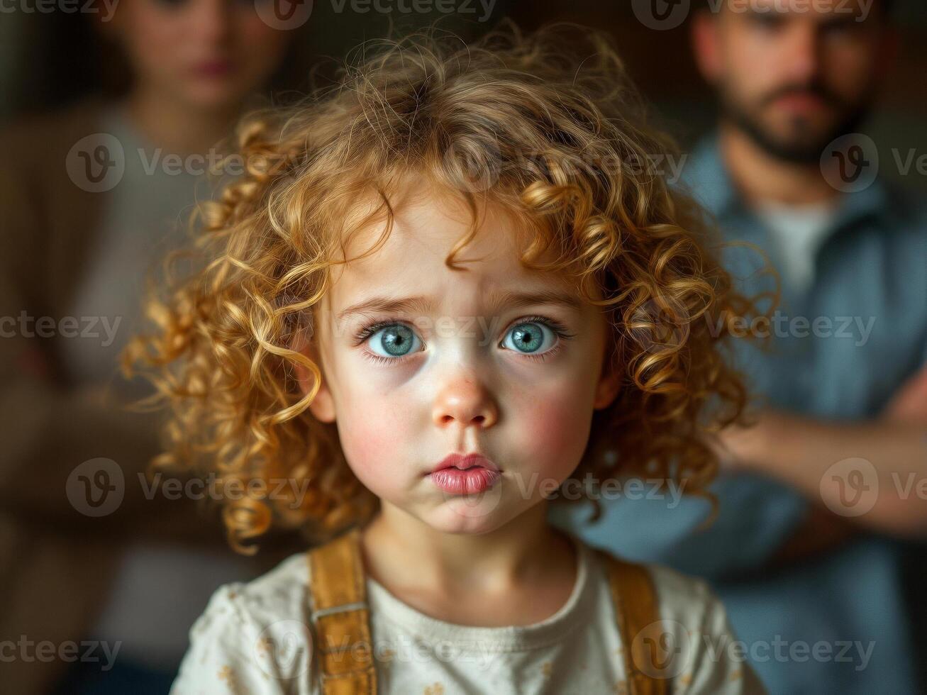 A cute curly red-haired child looks at the camera against the background of his parents photo