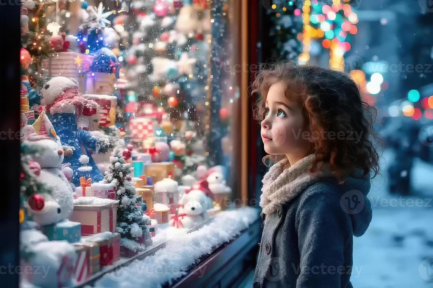 Pretty little girl child looking at the window of a toy store on the eve of Christmas photo