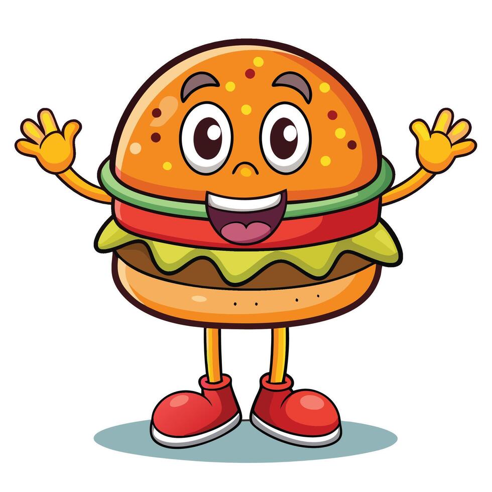 a hamburger character with arms up and legs spread vector