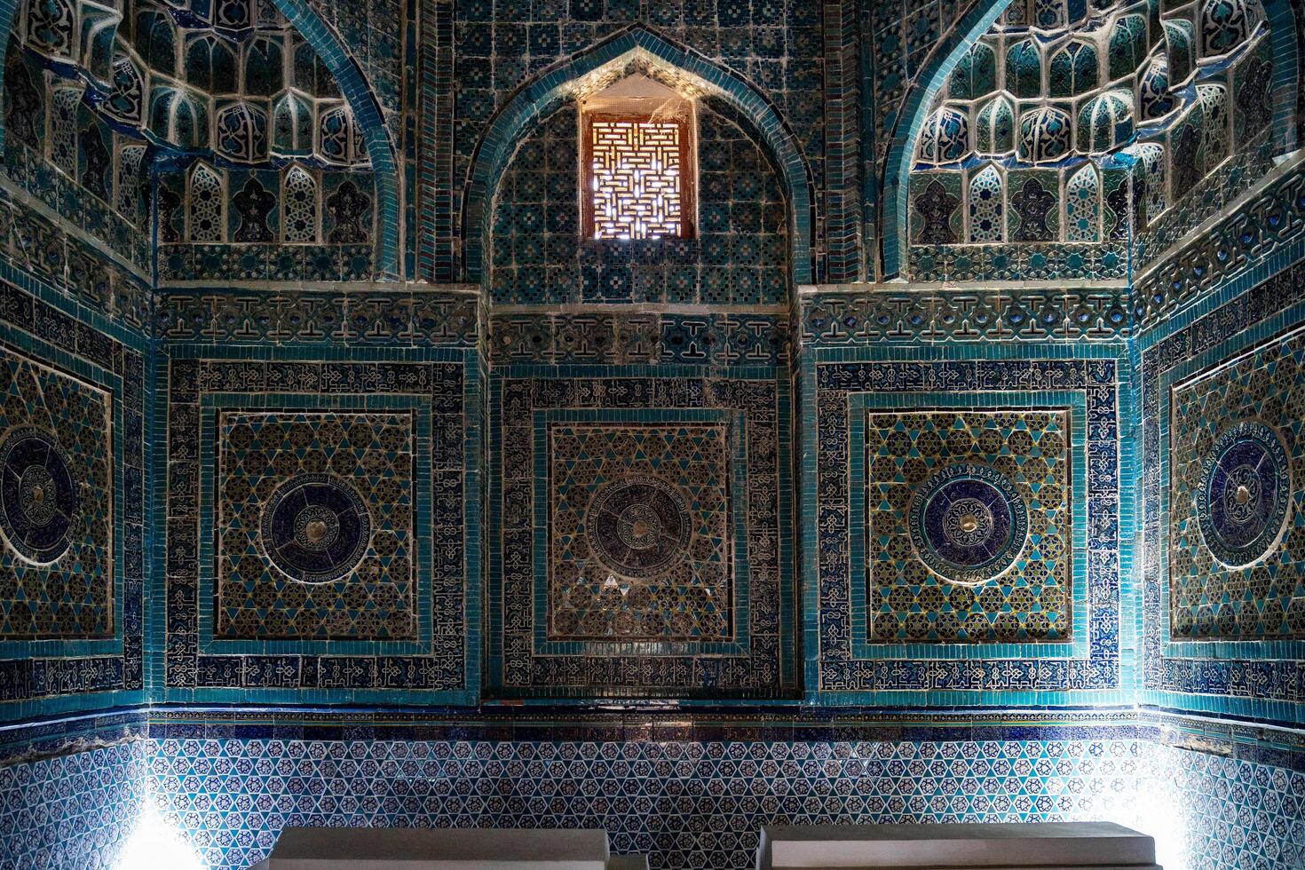Samarkand, Uzbekistan-august 13, 2023-Inside of Shakhi Zinda necropolis, a famous mausoleum complex in Samarkand during a sunny day photo