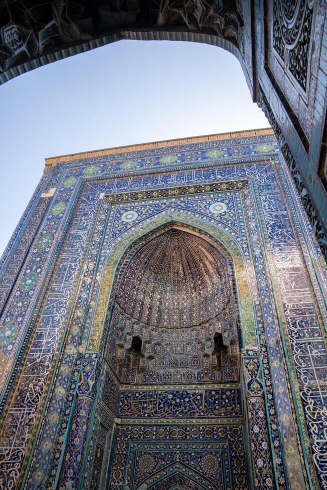 Samarkand, Uzbekistan-august 13, 2023-Particular of Shakhi Zinda necropolis, a famous mausoleum complex in Samarkand . photo
