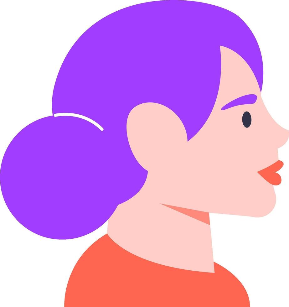 Profile view of a young woman with vibrant purple hair styled in a bun, wearing a red shirt, gazing to the right with a serene and peaceful expression on her face vector